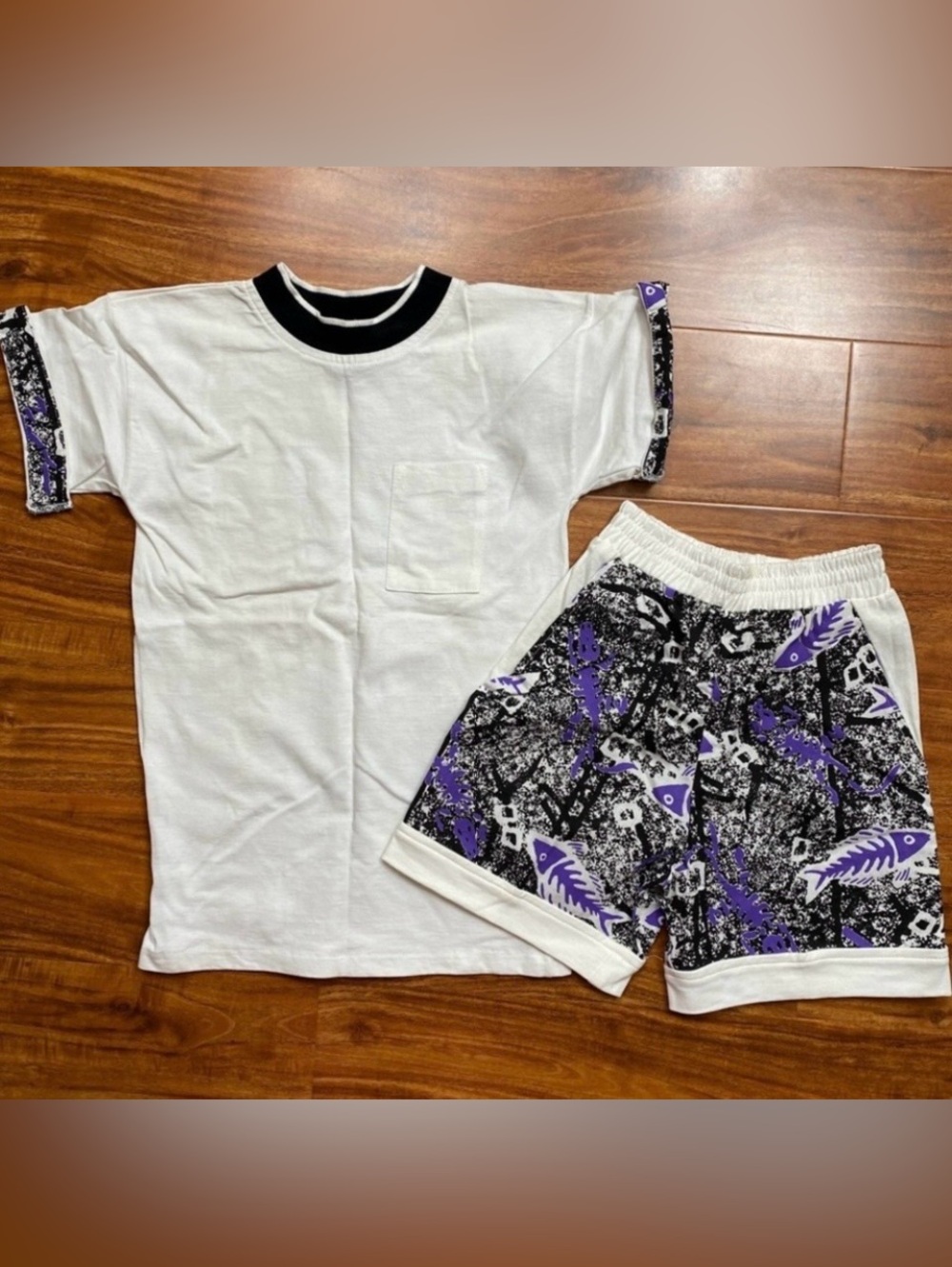 Vintage ASA Girls 90s White Black T-Shirt + High Waist Elastic Shorts Set Size L